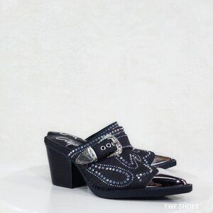 Vive Western Slip On Mules Black Denim Rhinestones Metal Toe Guard Design